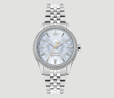 Vivienne Westwood Little Wallace watch with patterned silver dial and crystal-set bezel, combining elegance with statement style.